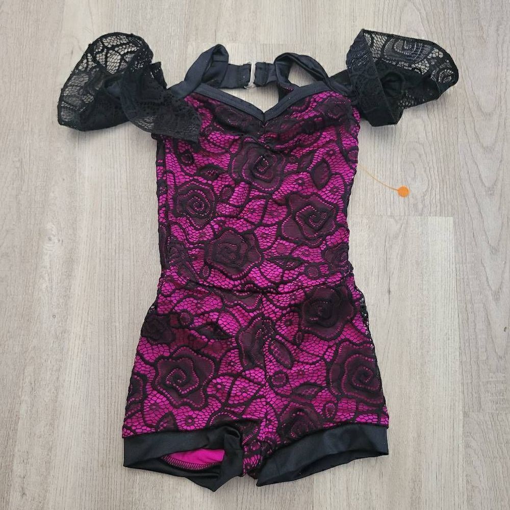 Weissman catalog costume fushia and black biketard child extra small NWOT